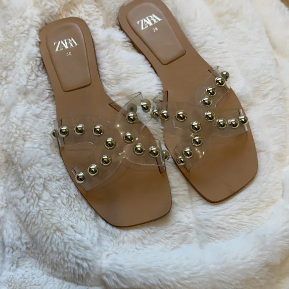 Zara Beige Clear Studded Slide Sandals - Picture 2 of 10